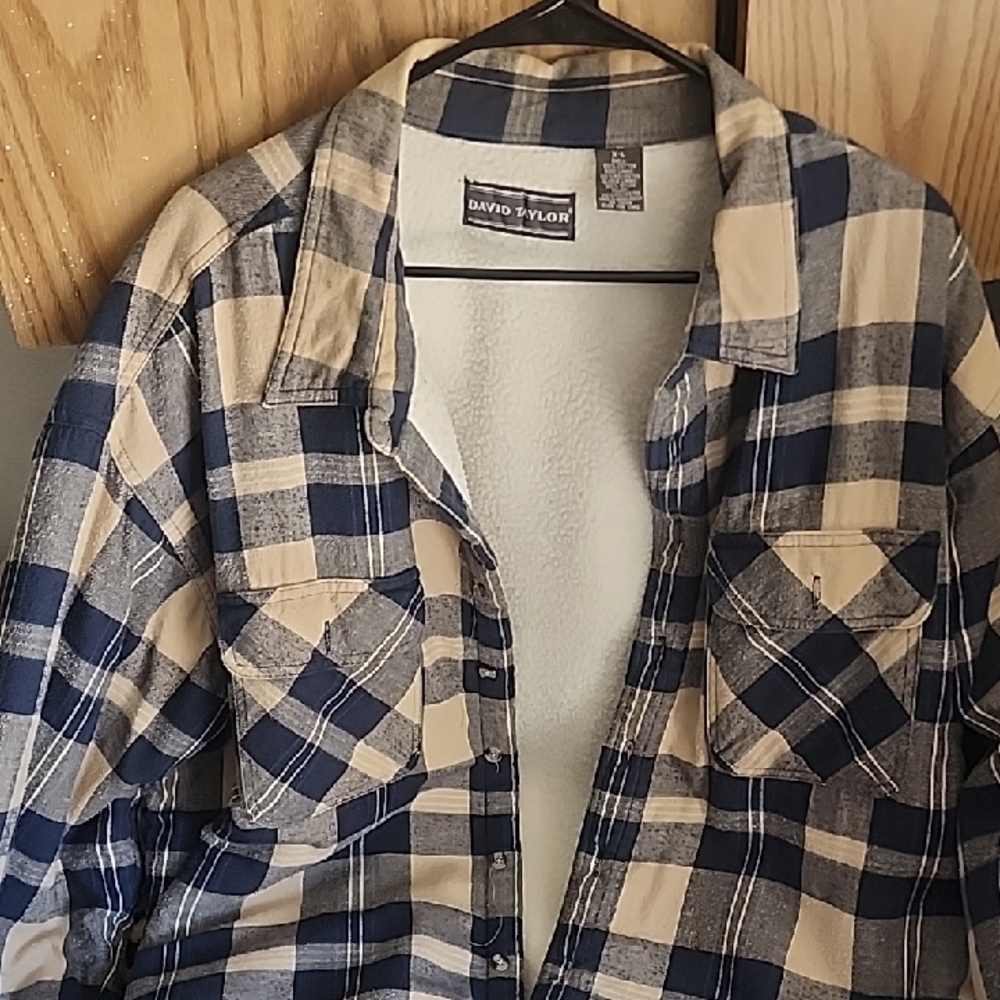 David Taylor Navy and Beige Plaid Casual Shirt